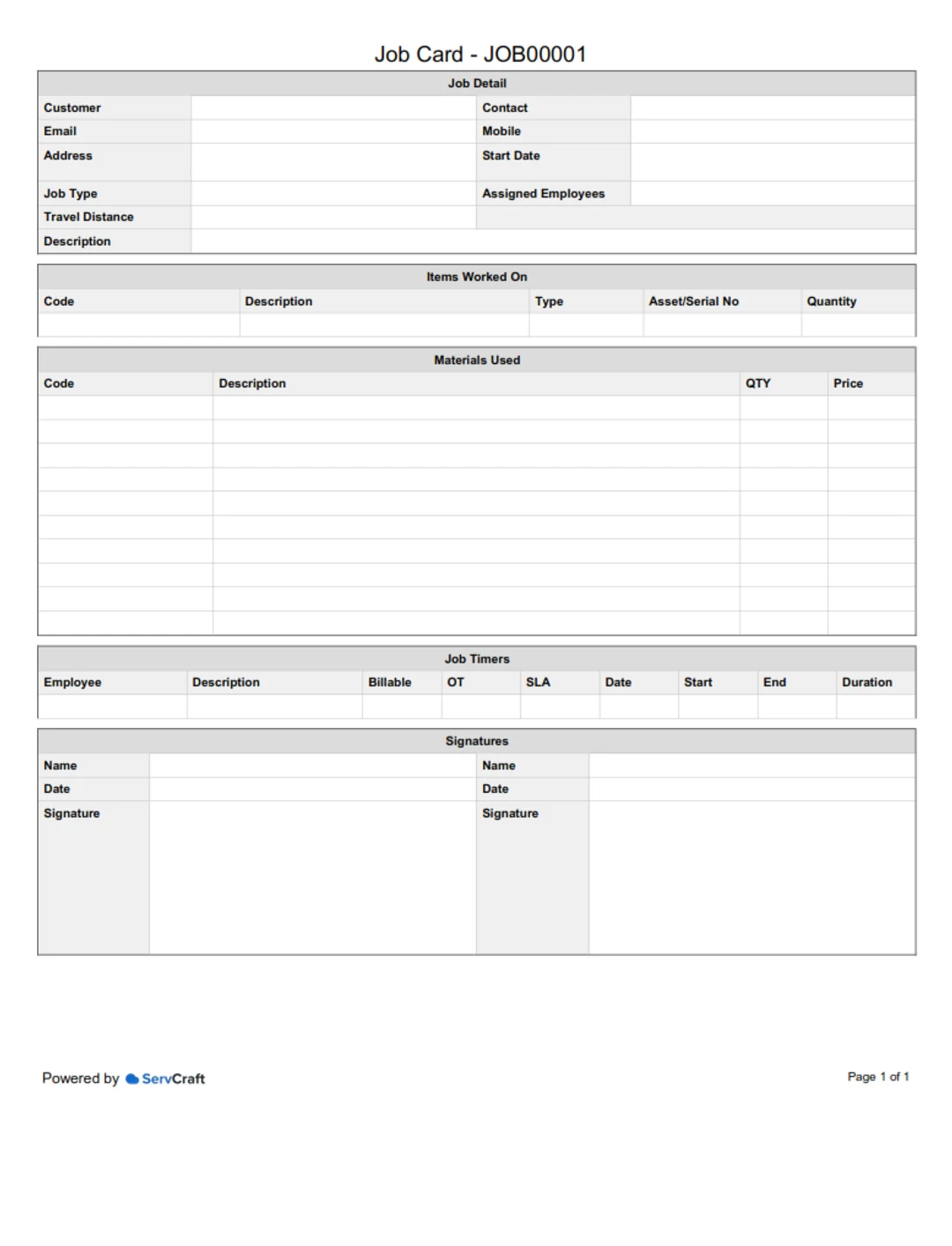 ServCraft job card template preview